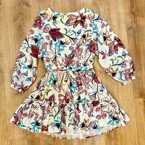 Baltic Born Floral Mini Dress – Belted Waist, 3/4 Sleeve, Ruffle Hem (Size L)